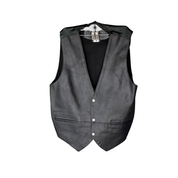 Men's Vintage TKO Black Leather Rocker Motorcycle Vest W/Pockets Lined Size M - Picture 1 of 9